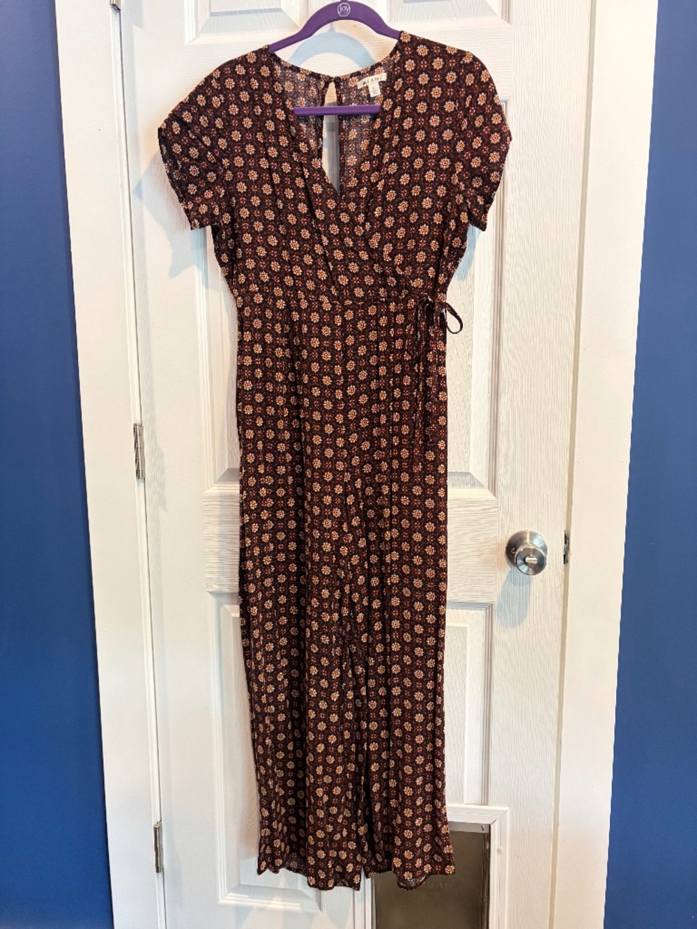 Miami Women's Maroon Floral Wrapfront Wide Leg Jumpsuit Large